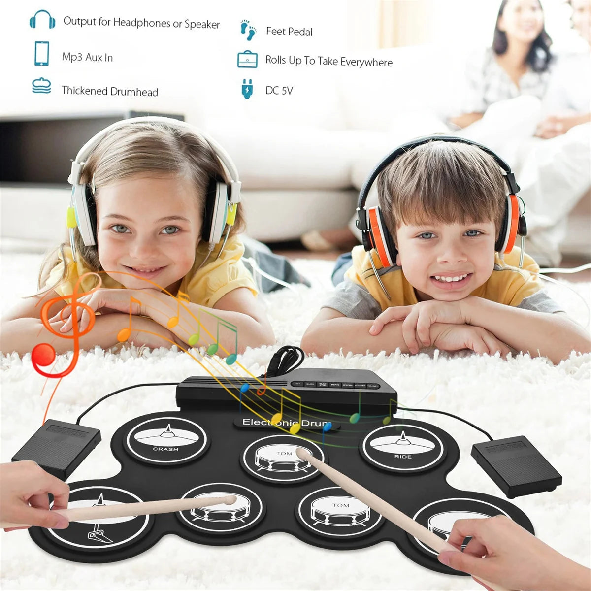 Foldable Silicone Electronic Drum Pad with Drumsticks and Sustain Pedals