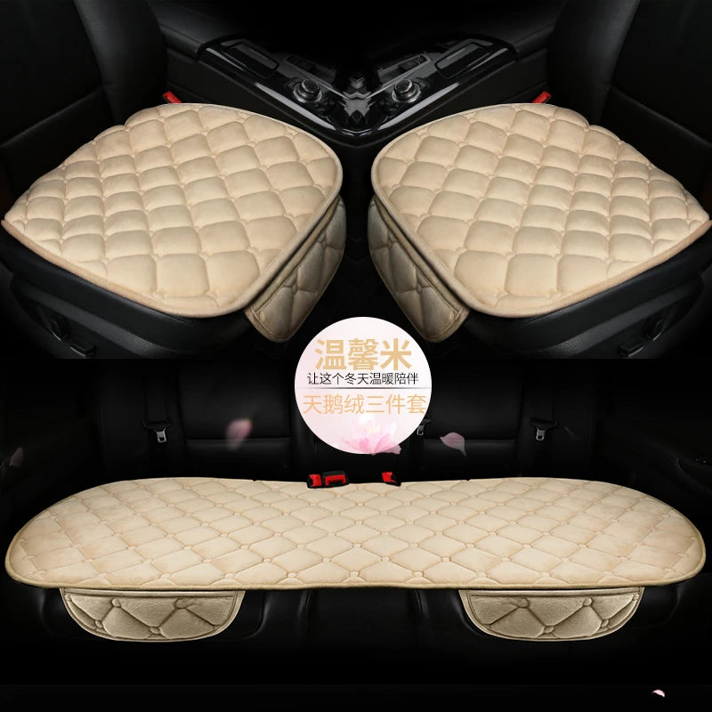 Three beige quilted car seat cushions for winter warmth shown in a car interior.