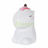 A white unicorn LED night light with a pink horn and touch control features.