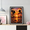 A framed diamond painting featuring a sunset portrait of two figures silhouetted against a vibrant orange and purple sky.