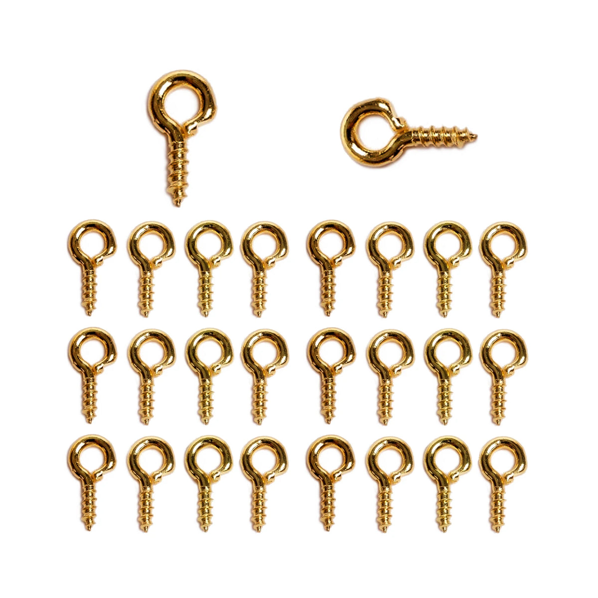 A set of gold-colored metal eye pins for jewelry making and DIY crafts.