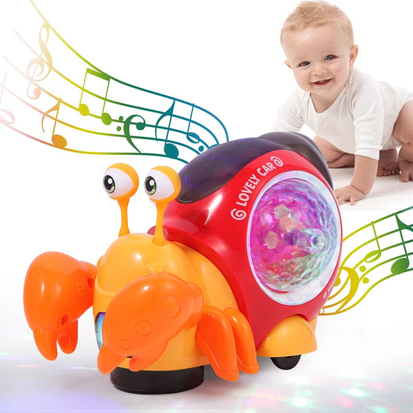 An orange and purple interactive crawling crab toy for baby is shown with a smiling baby nearby.