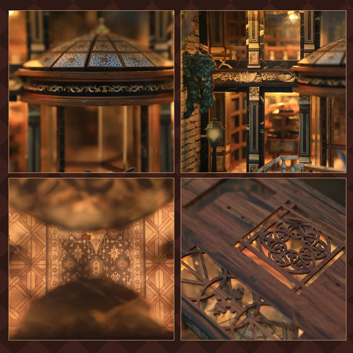A collection of images showing a DIY wooden book nook kit with LED light, featuring miniature library models and intricate wo