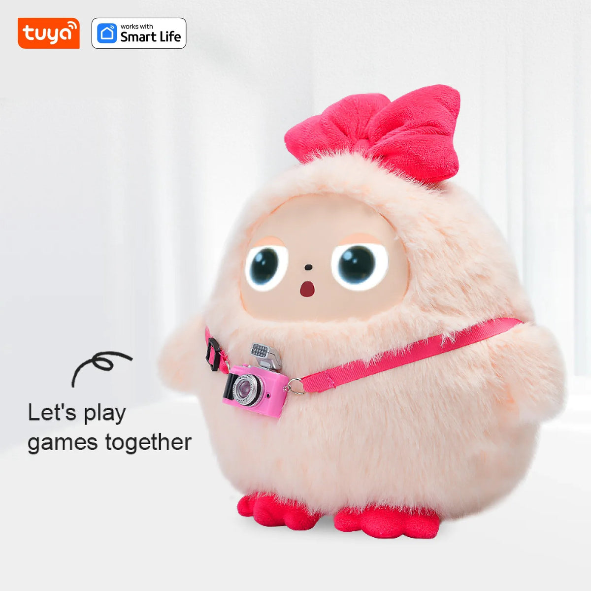 A pink plush robot with large blue LED eyes wearing a pink camera strap.