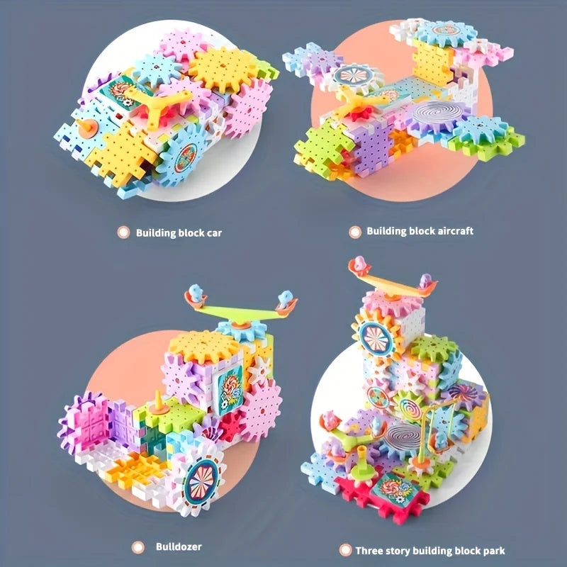 A set of building block cars and aircraft made from colorful plastic gears and blocks.