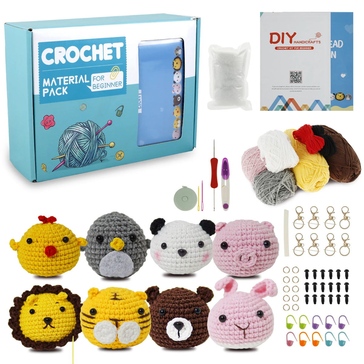 A box containing a beginner crochet kit with soft wool yarn and various patterns for creating adorable animals.