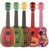 A collection of five brightly colored ukulele guitars in various finishes and wood tones.