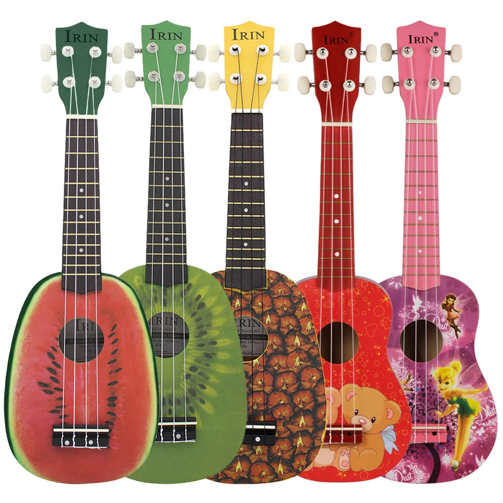 A collection of five brightly colored ukulele guitars in various finishes and wood tones.