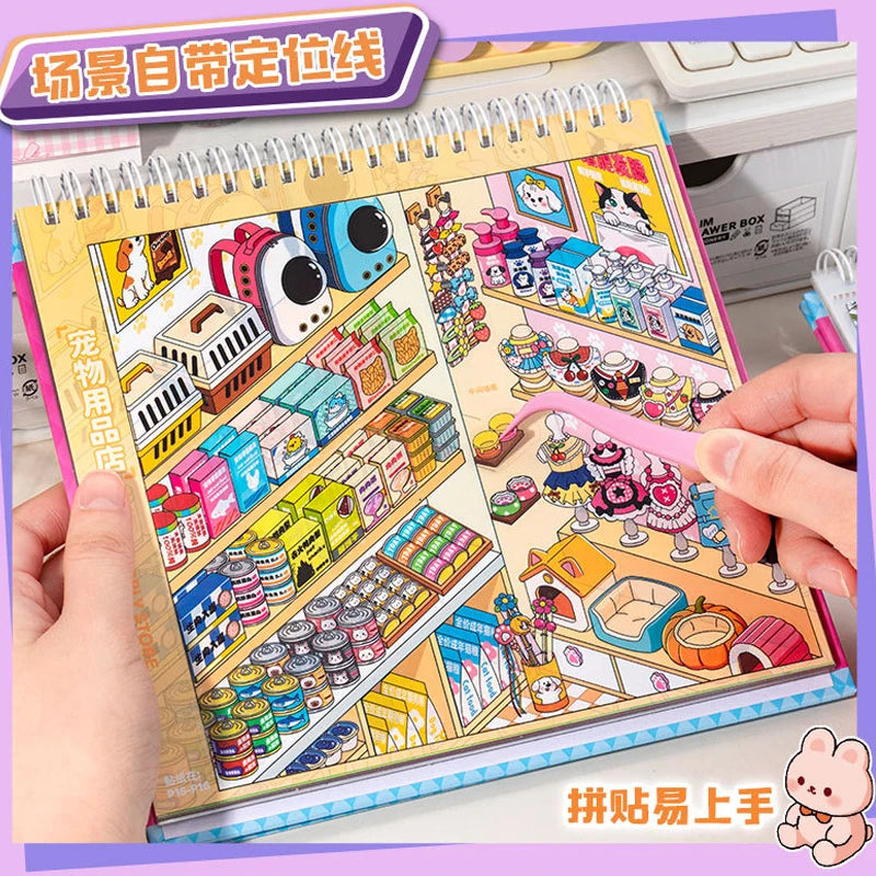 A colorful sticker book featuring 3D kawaii miniature scenes for scrapbooking and journaling.