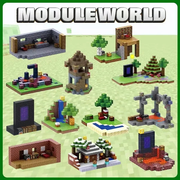 A collection of modular building blocks and structures made from various colored bricks and pieces.