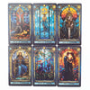 A set of twelve tarot cards featuring stained glass artwork depicting various court cards and major arcana.