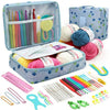 A 59-piece beginner crochet kit with various colored yarn and needles organized in a blue fabric case.