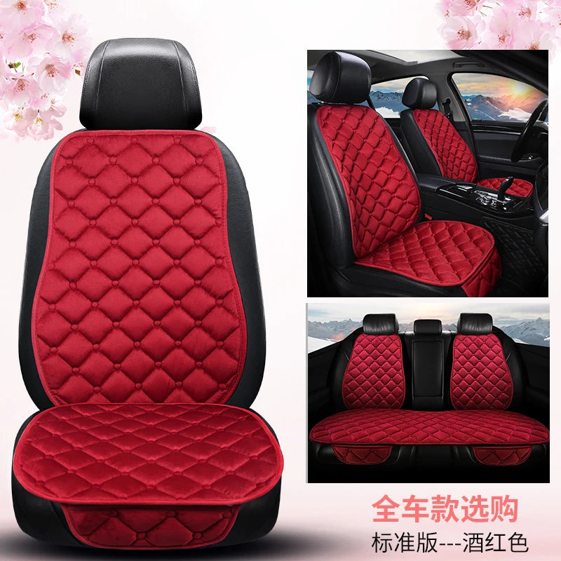 A set of red quilted car seat cushions with black trim shown in various angles.