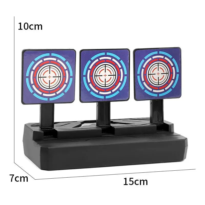 A set of three superhero web shooter glove toys with black bases and colorful target designs.