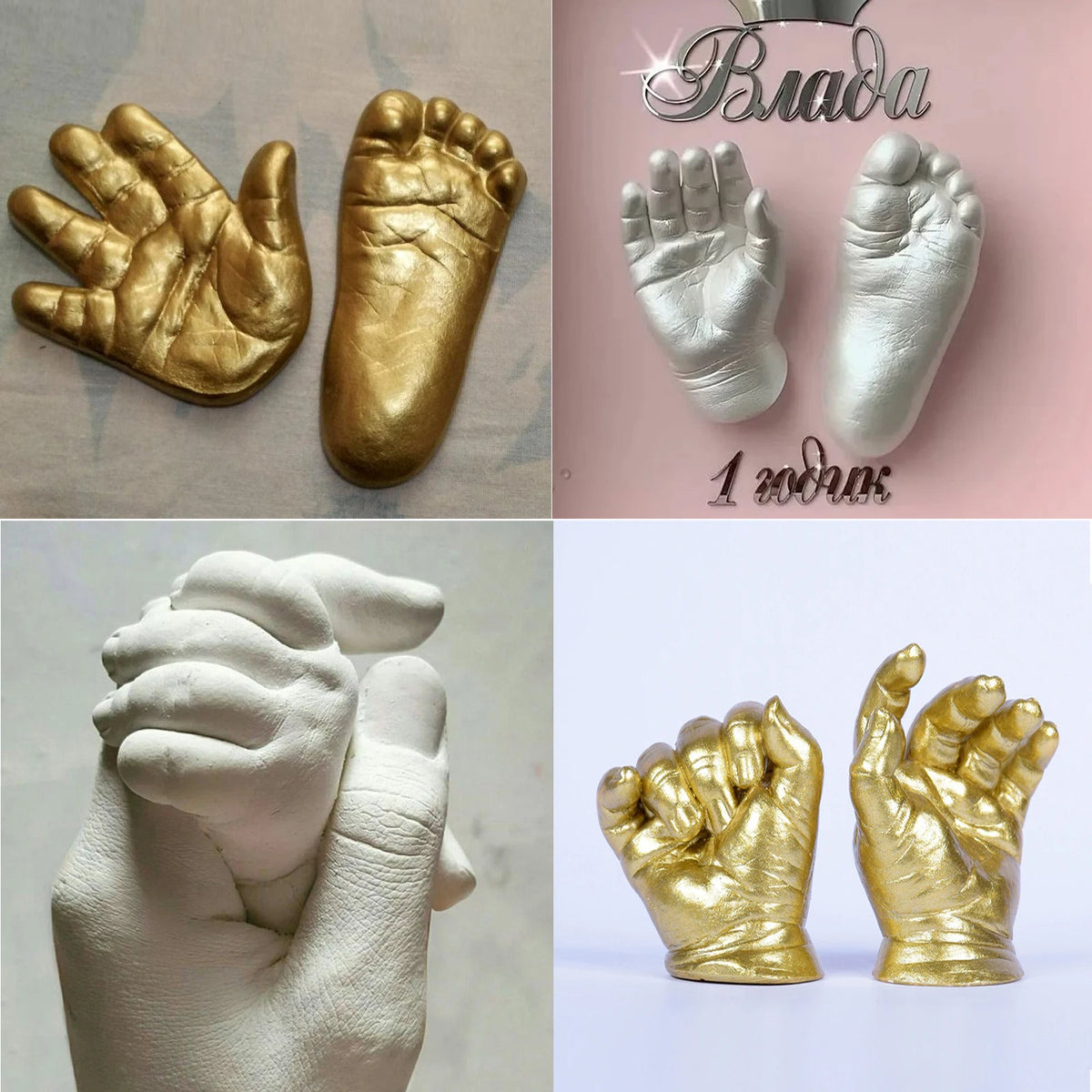 A collection of hand and foot casts in gold and white, including a handprint and a footprint.