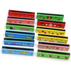 A collection of colorful wooden harmonicas featuring various cartoon animal designs.
