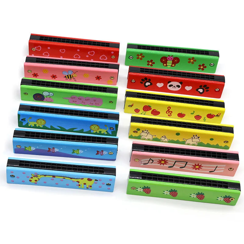 A collection of colorful wooden harmonicas featuring various cartoon animal designs.