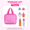 Pink magic bottle feeding toy package list showing 7 counts including a pink bag and various colored bottles