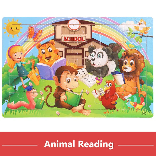 A colorful wooden tangram puzzle set featuring various animals and a school building scene.