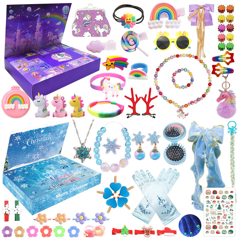 A colorful advent calendar box filled with 24 days of mermaid-themed jewelry gifts and accessories.