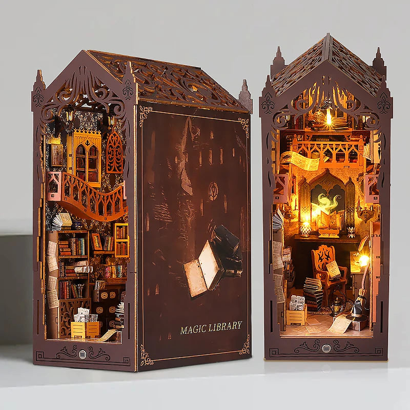 A detailed wooden DIY book nook kit featuring miniature furniture and a magic library scene.
