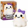 A white ghost squishy toy with purple accents is shown next to its packaging.