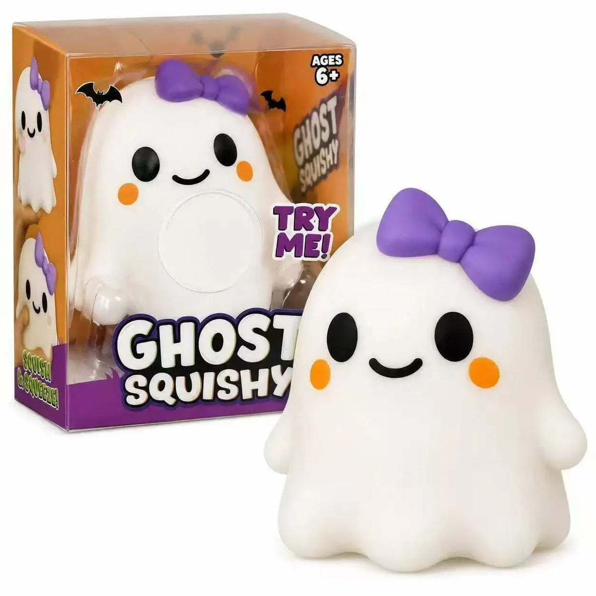 A white ghost squishy toy with purple accents is shown next to its packaging.