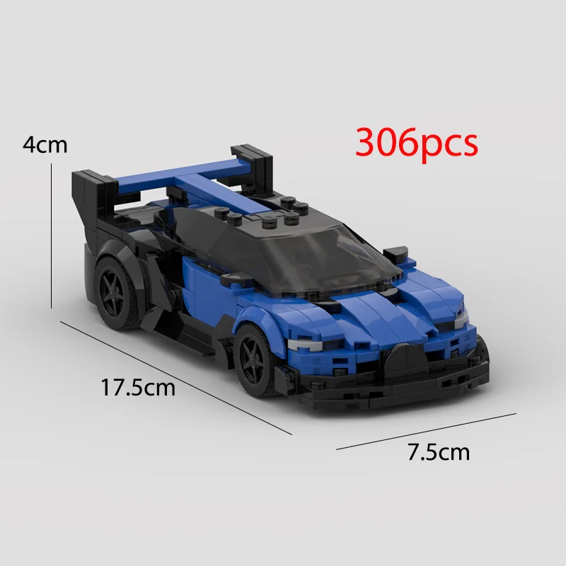 A black and blue classic supercar building block model with wheels and detailed features.