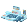 A blue interactive cash register toy with a keypad and display, featuring shopping lights and sounds for children.
