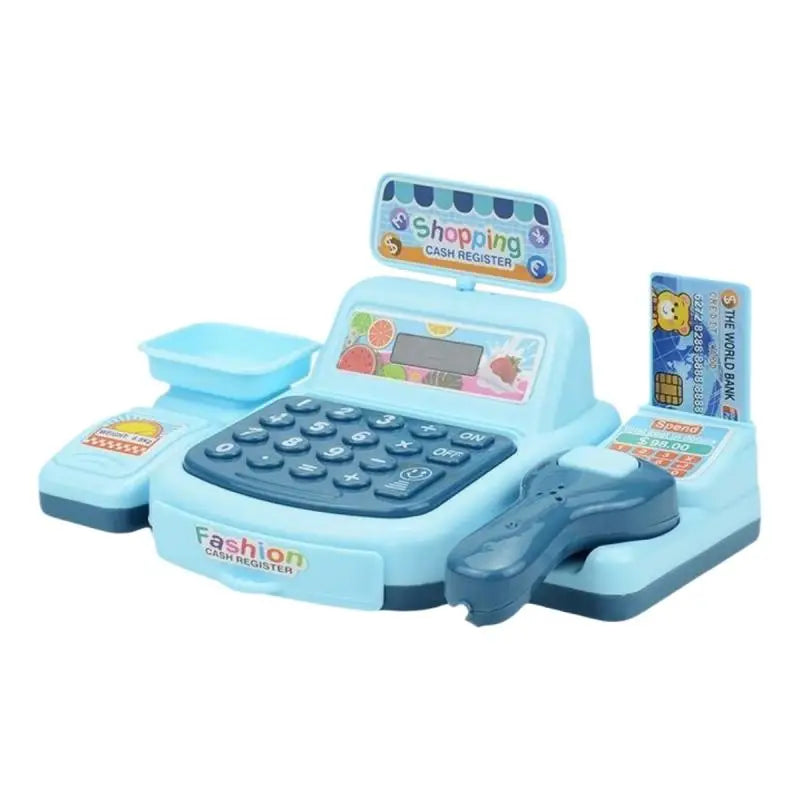 A blue interactive cash register toy with a keypad and display, featuring shopping lights and sounds for children.