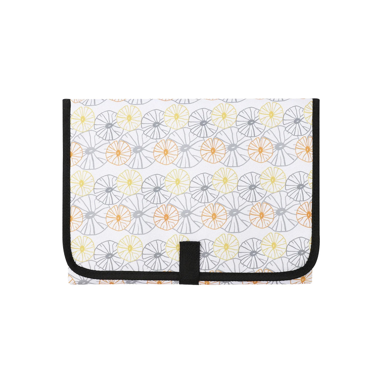 A portable foldable waterproof diaper changing pad with a white background and a pattern of orange and gray floral designs.