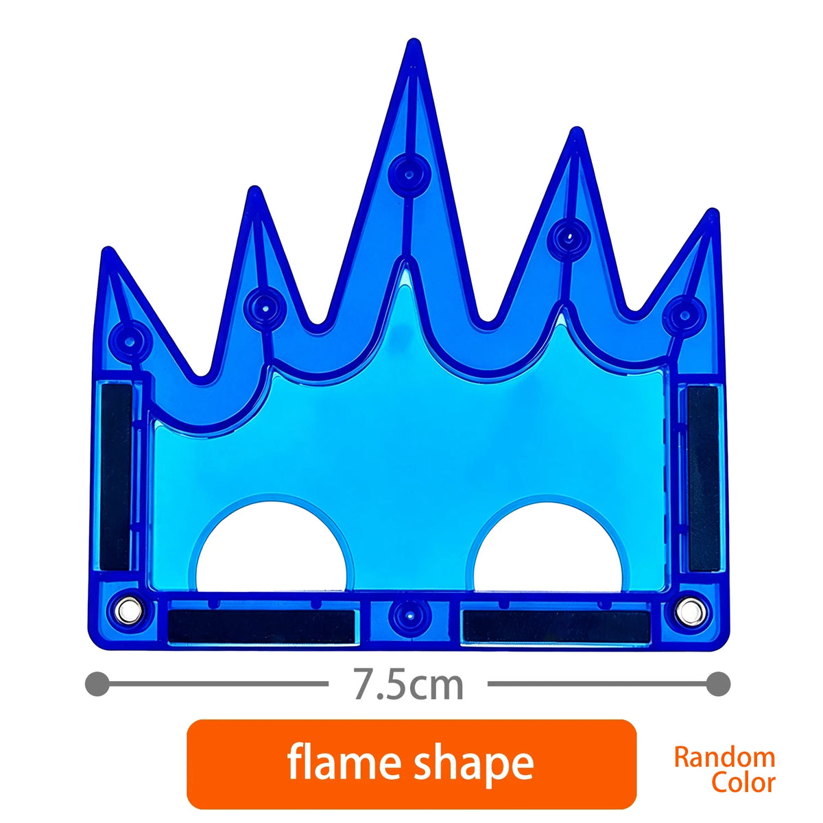 A bright blue plastic crown shaped like a flame for a magnetic building blocks set.