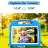 A blue kids tablet PC is shown outdoors with a bright, sunny background.
