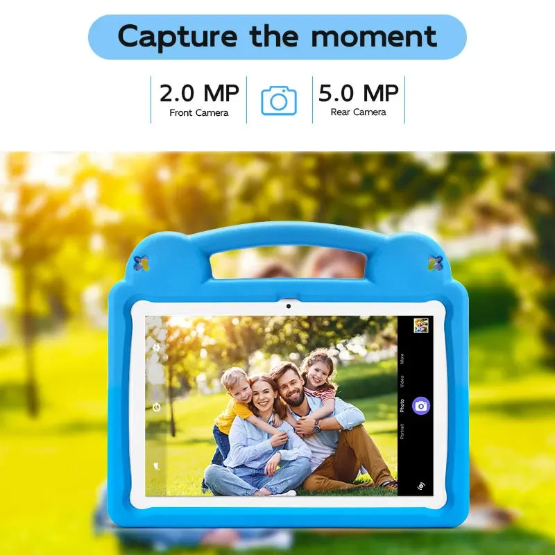 A blue kids tablet PC is shown outdoors with a bright, sunny background.