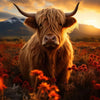 A close-up portrait of a golden Highland cow with curved horns against a sunset sky and field of red flowers.