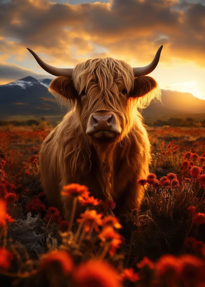 A close-up portrait of a golden Highland cow with curved horns against a sunset sky and field of red flowers.