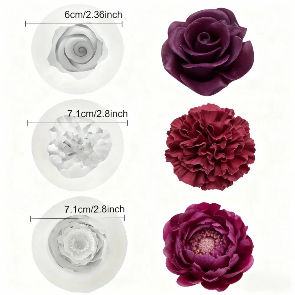 A set of three silicone molds shaped like roses in shades of purple and pink for crafting.