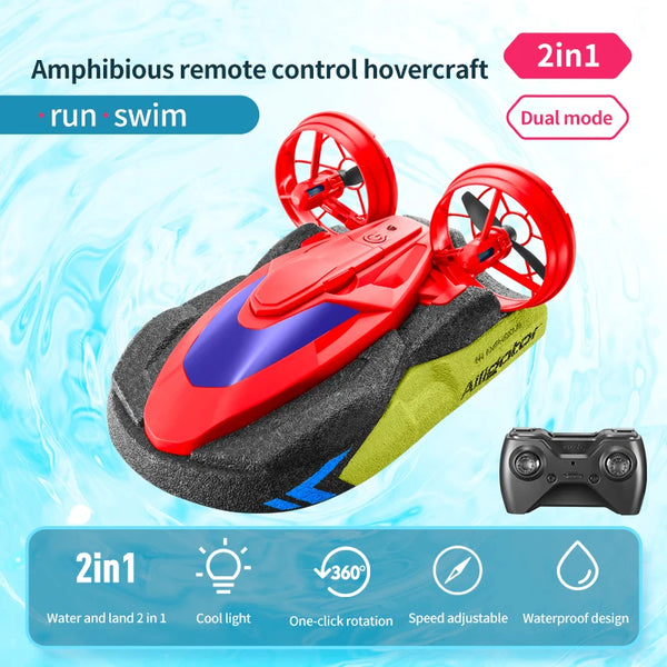 A red and black amphibious remote control hovercraft with dual mode features shown next to a controller.
