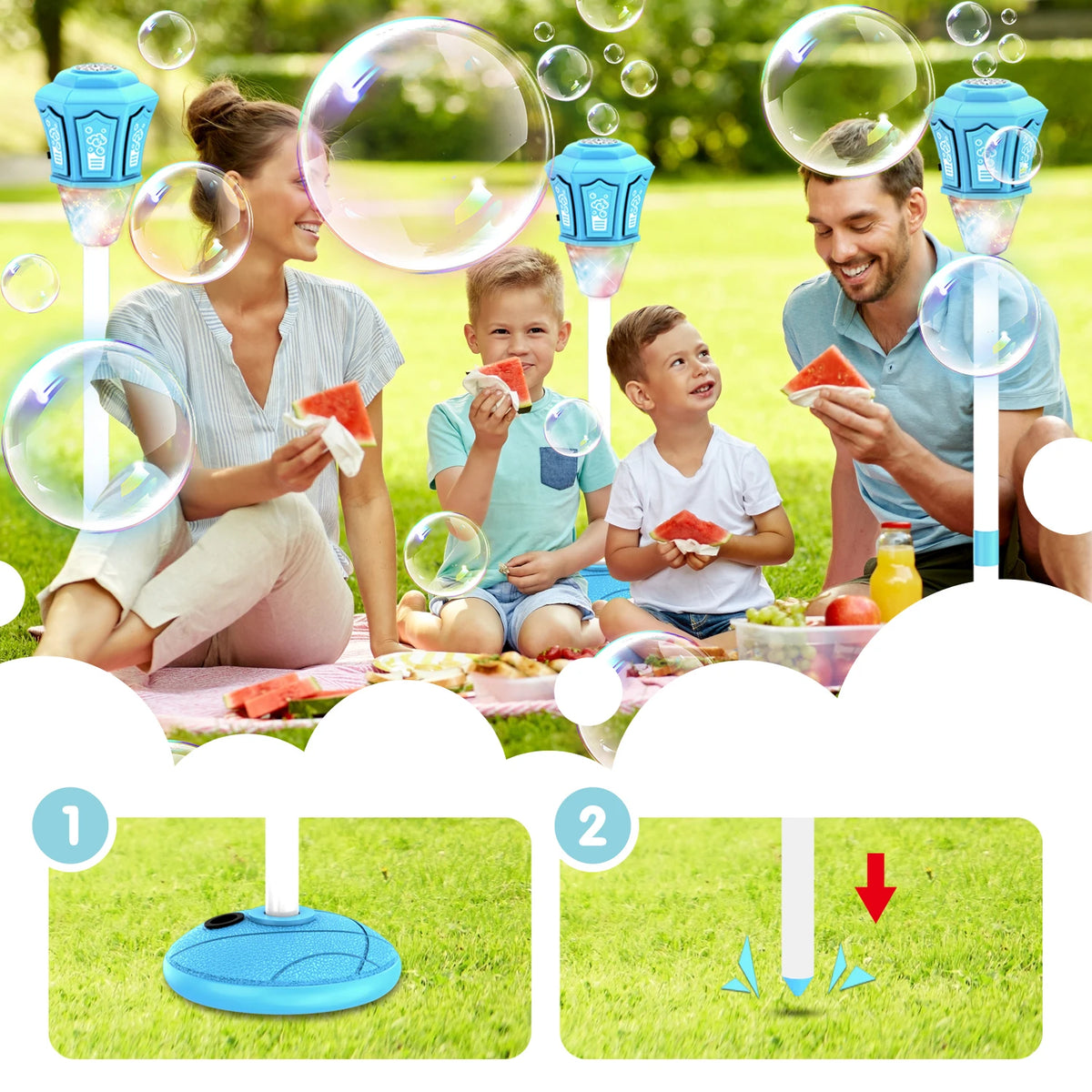 A family enjoying an outdoor bubble machine with lights and music, featuring a blue device and bubbles on the grass.