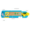 A blue mini frog bowling game set featuring marbles, a frog, and various bowling pins on a wooden track.