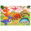 A 30-piece wooden jigsaw puzzle featuring various dinosaurs and prehistoric animals on a light pink background.