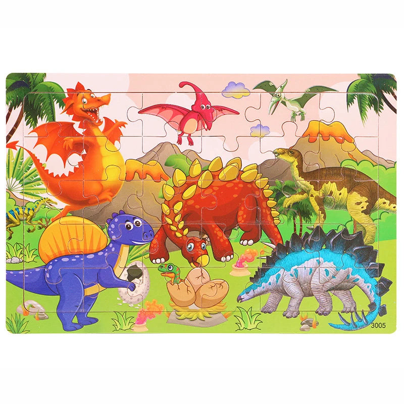 A 30-piece wooden jigsaw puzzle featuring various dinosaurs and prehistoric animals on a light pink background.
