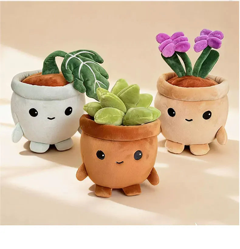 Three adorable plush toys in terracotta pots with green and purple succulents.