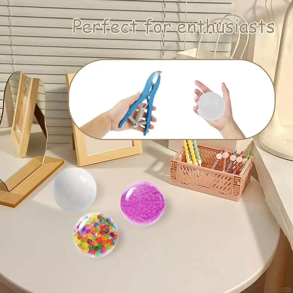 A kit for making customizable squishy stress relief balls, showing tools and finished colorful spheres.