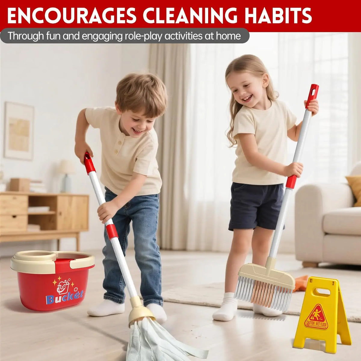 Kids Pretend Play Cleaning Set with Working Toy Vacuum