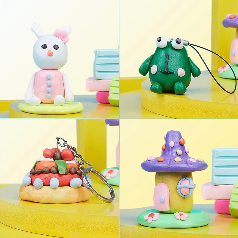 A set of polymer clay figures, including a white rabbit, a green frog, and a purple mushroom house, with carving tools.