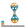 A colorful rubber rattle toy with interlocking rings in yellow and blue, featuring a clear section for small plastic beads.