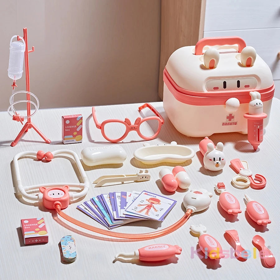 A pink kids doctor play set featuring a medical bag, stethoscope, and various plastic tools for pretend medical examinations.