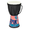 A colorful hand drum for kids with a black body and a painted horse design on the base.