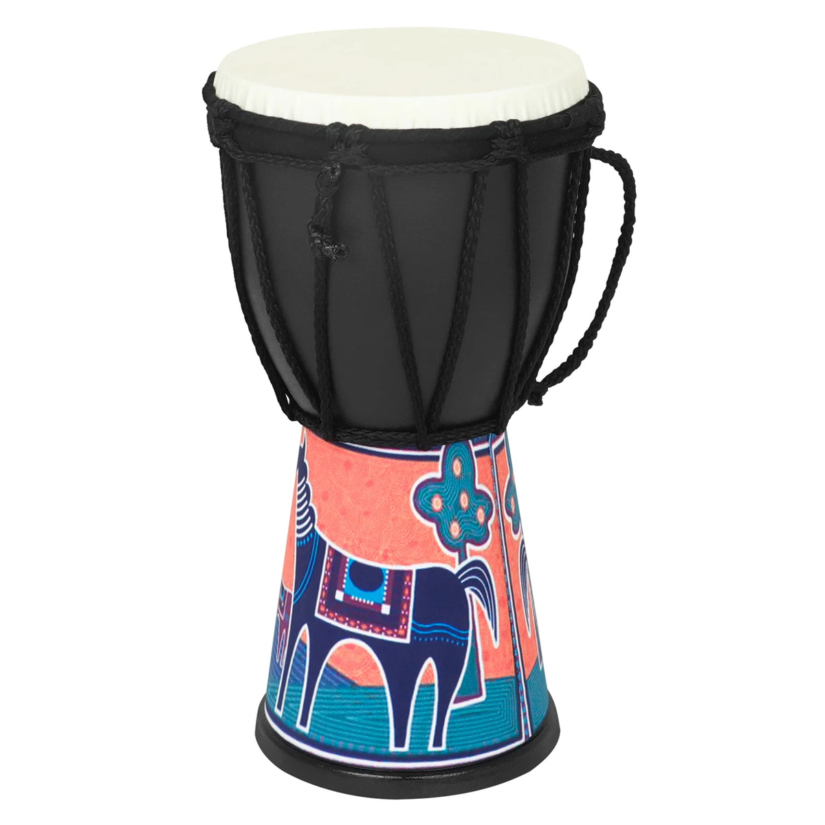 A colorful hand drum for kids with a black body and a painted horse design on the base.